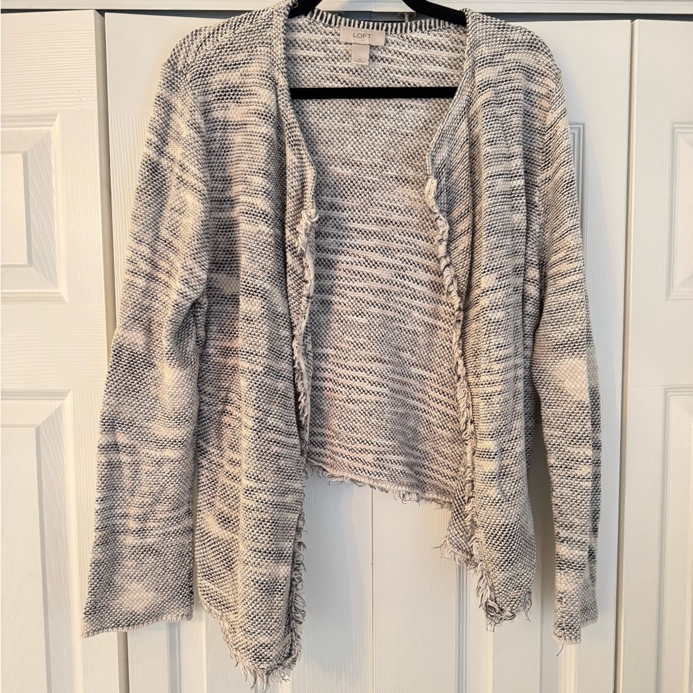 Loft Women's Gray Open-Front Cardigan Sweater with Fringed Edges
